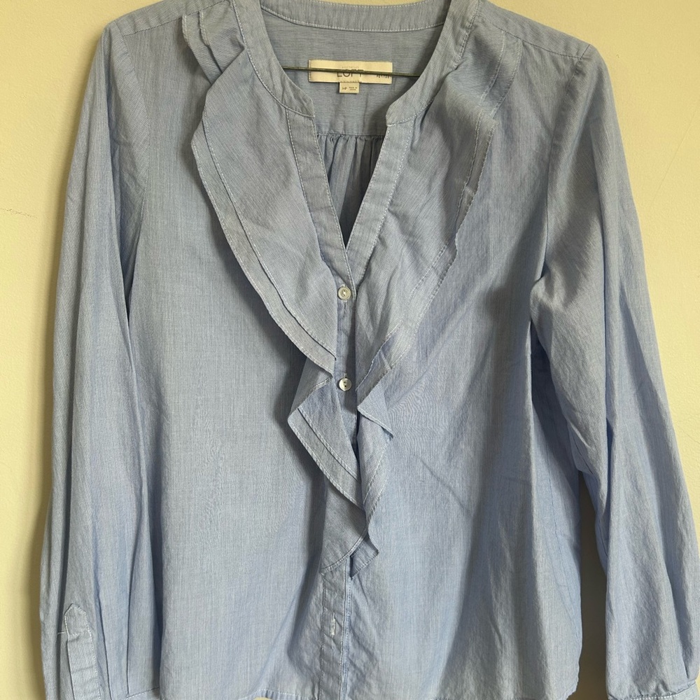 LOFT Soft Blue Ruffle Front Blouse